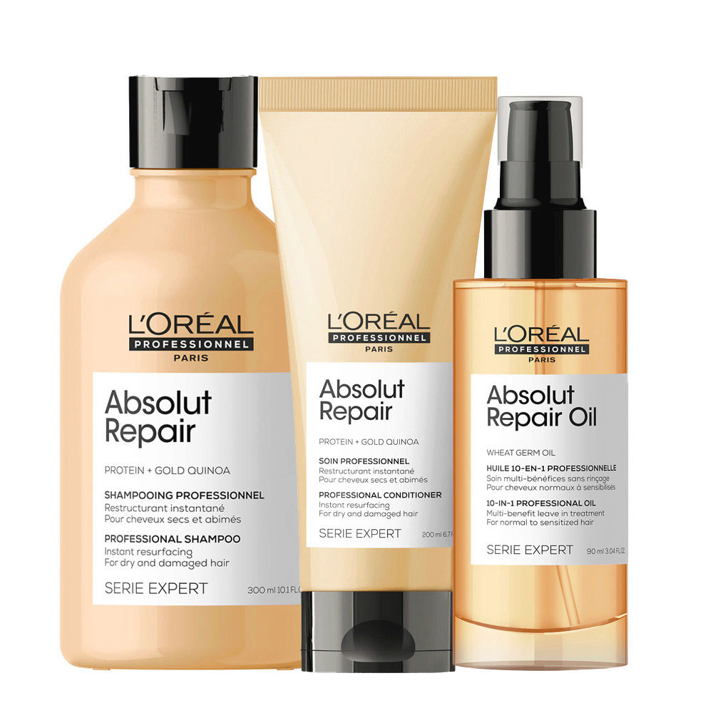L'Oréal Professionnel Absolut Repair Kit Capelli Danneggiati Shampoo 300ml  Conditioner 200ml Repair Olio 10in1 90ml | Hair Gallery