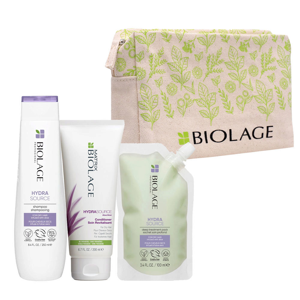 Biolage Hydrasource Shampoo 250ml Conditioner 200ml Treatment 100ml +  Pochette Summer OMAGGIO | Hair Gallery